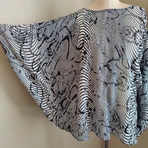Vintage 90s Black White Abstract Applique Blouse Batwing Boho Top XL Artsy